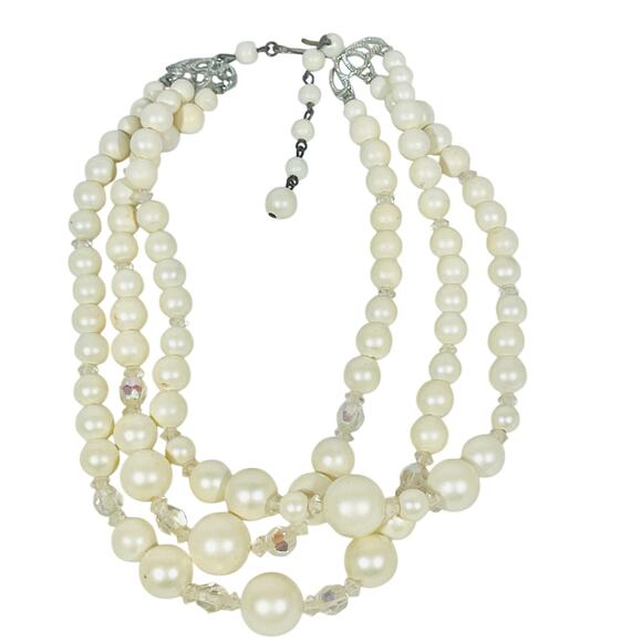 Vintage Faux Pearl Multistrand Necklace 12" White Layered Beaded - Picture 1 of 7
